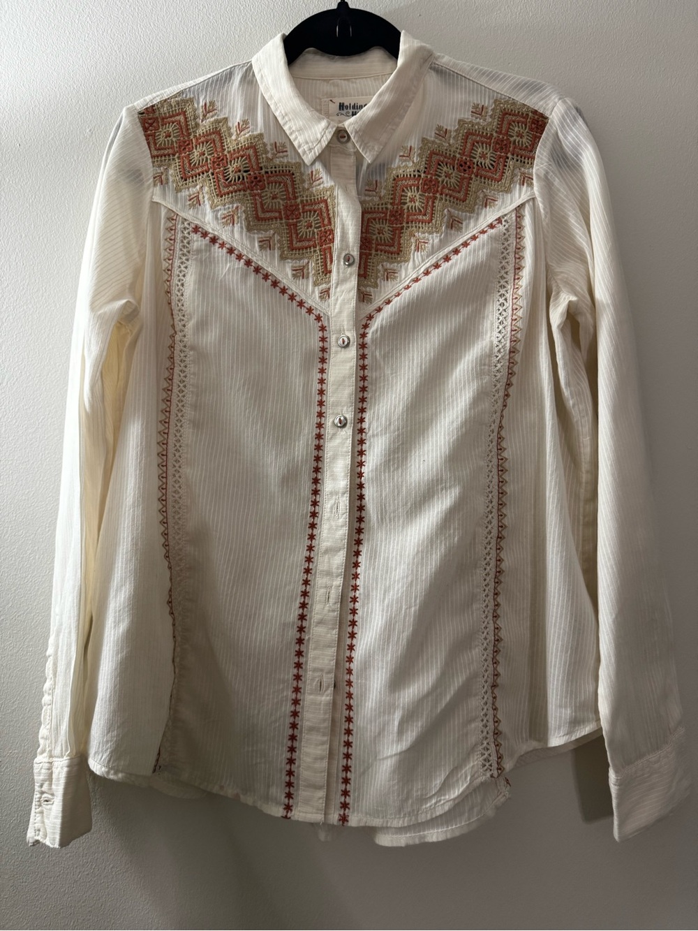 Anthropologie Holding Horses Womens Blouse Beige Western Cowgirl Top Embroidery